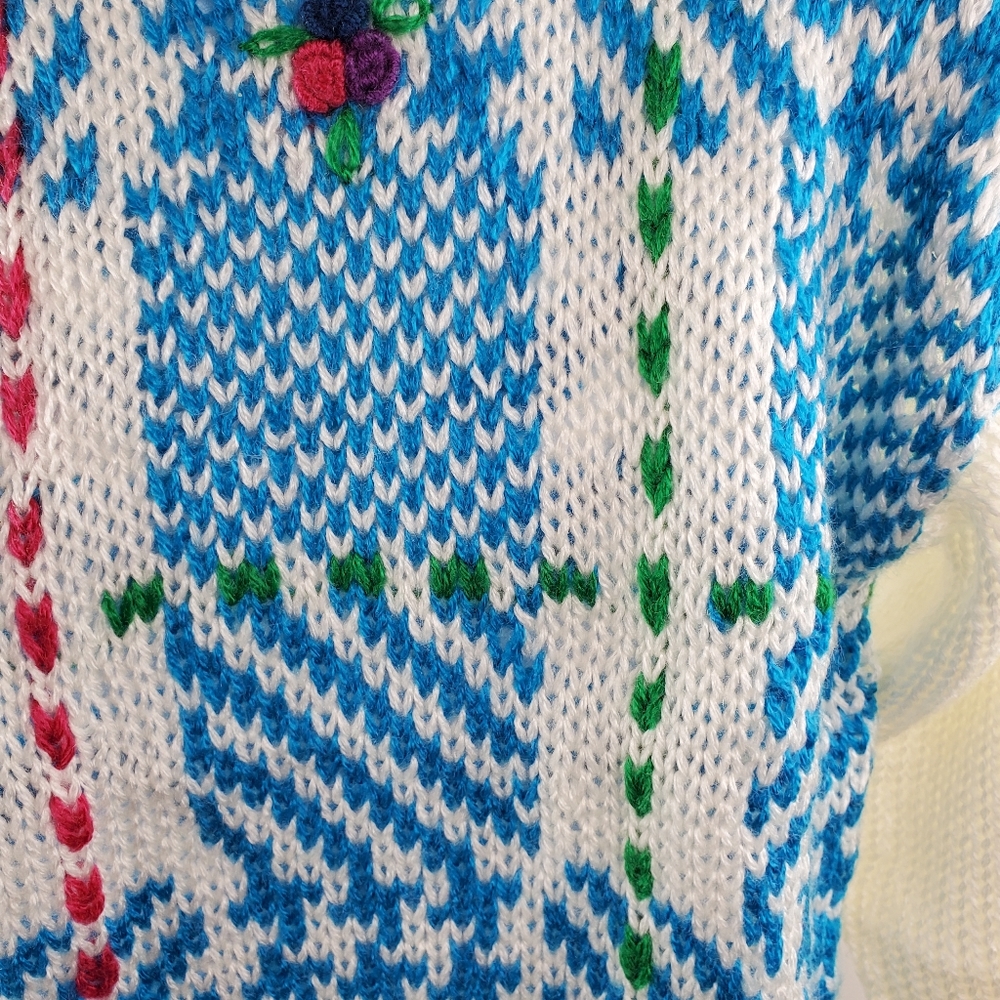 80s Vintage Womens Sweater White Blue Pink Green Geometric Flowers Size Medium - Picture 4 of 7